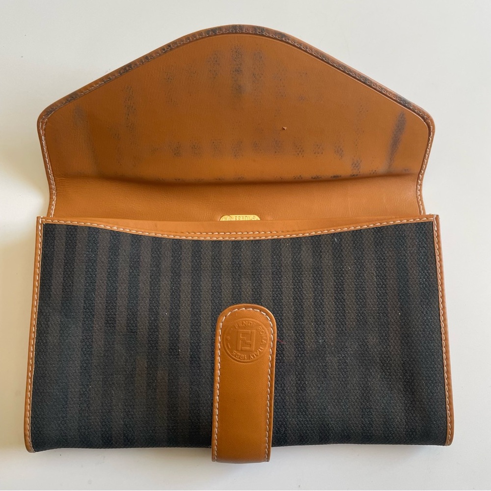 FENDI Vintage Striped Pequin Wallet Tan Brown Bifold Snap Clousure - Picture 3 of 16